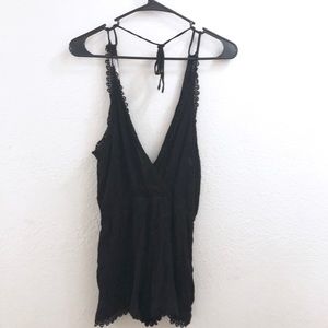 Black Halter Romper V Neck Summer Crochet Trim
